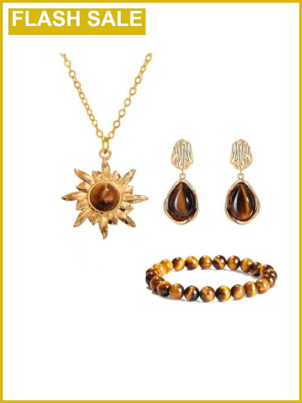 Tiger's Eye Sun Pendant Necklace Earrings Bracelet Set Gold Plated 18k